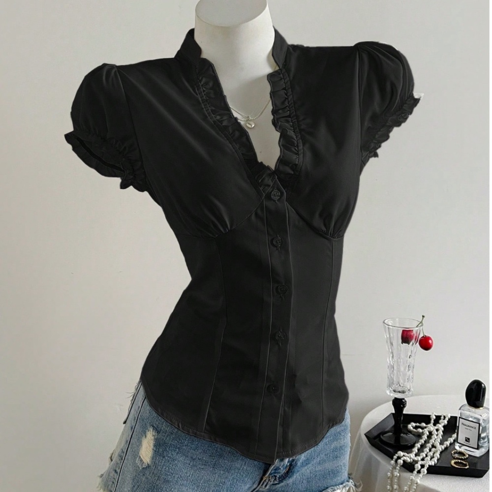 Black Ruffled Button-Up Blouse